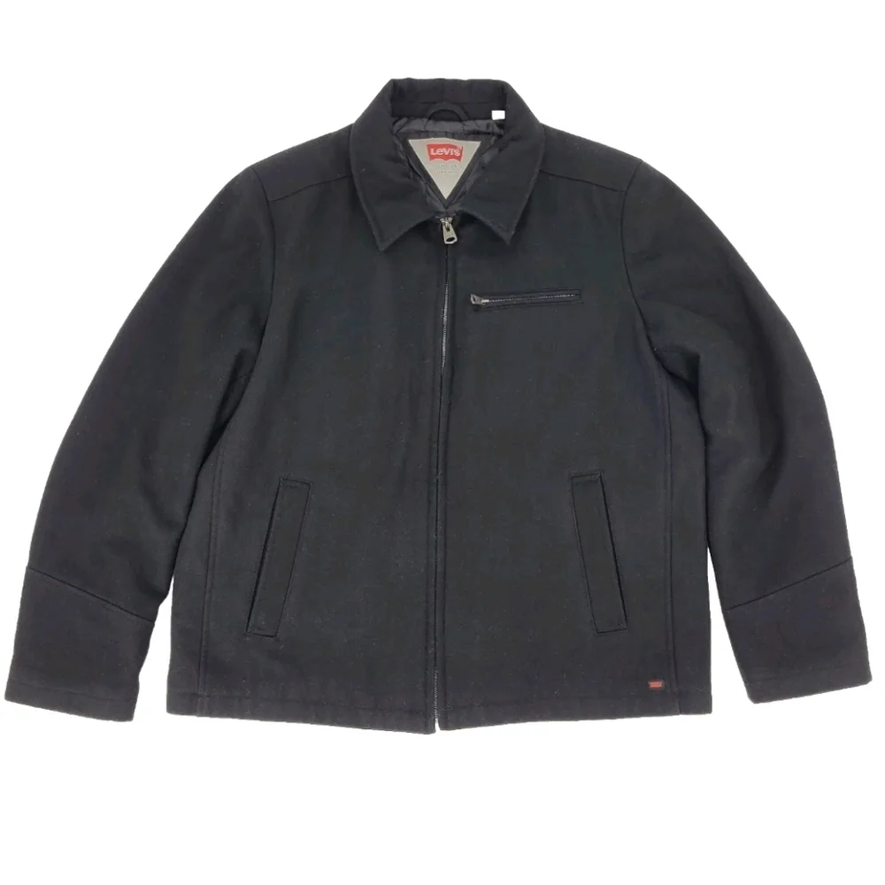 Levi's Coat Black Wool Blend Full Zip Pockets Collar Quilted Lined Mens Size XL